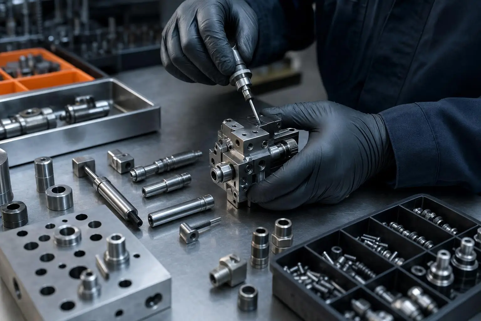 Mitarbeiter montiert eine Baugruppe aus gedrehten und gefrästen Metallteilen